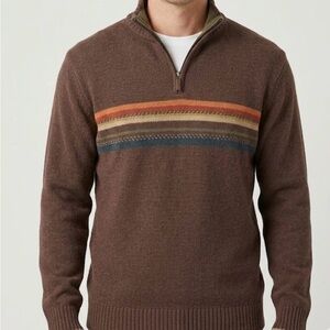 Columbia Men's Brown Zip-Front Sweater with Multicolor Chest Stripes